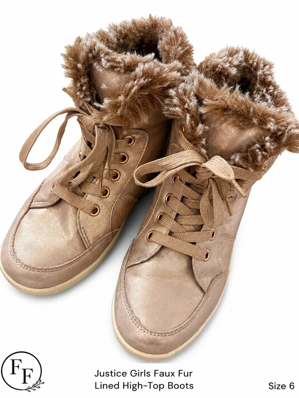 Justice Girls Rose Gold Faux Fur Lined High Top Winter Boots Size 6 Zip Lace Up